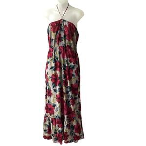 Forever‎ 21 Tropical Halter Maxi Dress Size M Pink Dark Floral Cottagecore Beach